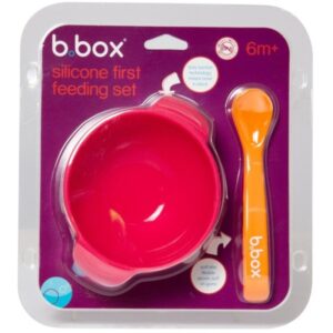 B.box Set premier repas bol ventouse et cuillère en silicone Strawberry Shake