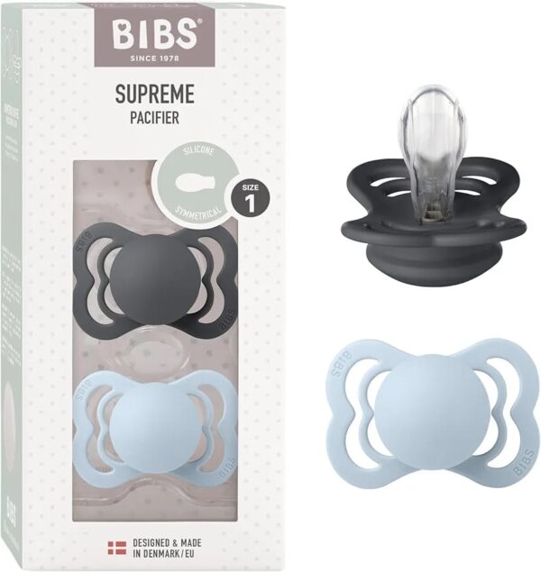 BIBS Lot de 2 sucettes Supreme 0-6 mois fer/bleu