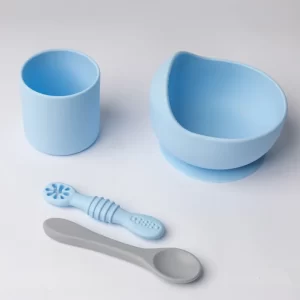 YUMMY Coffret Repas en Silicone - Bol Verre Deux Cuillères - 4M+ Bleu Ciel