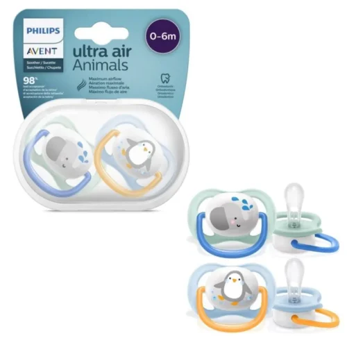 Avent Lot de 2 Sucettes Ultra Air Éléphant Et Pingouin 0-6m Garçon