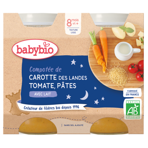 BABYBIO POT BONNE NUIT COMPOTEE CAROTTE DES LANDES PATE DE TOMATES 8m - 2x200g